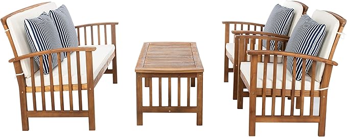 SAFAVIEH Outdoor Collection Rocklin Natural/ Beige Cushions/ Thin Stripe Pillows 4-Piece Conversation Patio Set