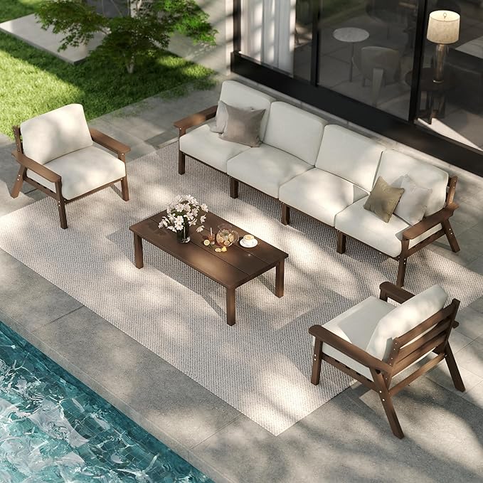 Patio Furniture Set 7 Seats, HDPE Outdoor Sectional with Beige Washable Thick Cushions, Coffee Table, Patio Conversation Sets for Lawn, Garden, Porch, Balcony, Deck (Brown Frame)