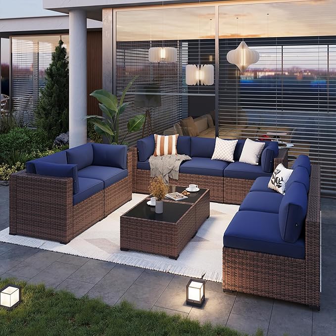 Aoxun Patio Furniture Sets, 10-Piece Outdoor Patio Furniture with Thick Cushions, Wicker Outdoor Conversation Set Sectional Sofa for Backyard, Poolside, Garden