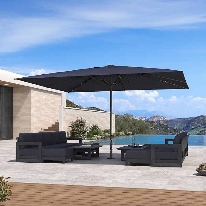 PURPLE LEAF 16' x 13' Rectangular Semi-Auto Outdoor Patio Umbrella Aluminium Market Umbrella Table Sun Umbrella with 3.15" Rod and 8 Sturdy Ribs for Deck Lawn Pool Garden, Navy Blue