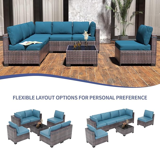 GarveeHome 7 Piece Patio Furniture Set, PE Rattan Wicker Sectional Sofa Set with Cushions & Glass Top Coffee Table, Outdoor Conversation Furniture for Garden, Balcony, Porch, Backyard