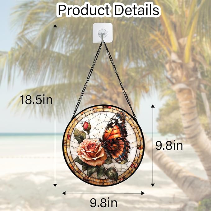 DASTOLL Stained Glass Window Hanging, Butterfly Picking Flowers Suncatcher for Doors Home Sun Catchers Decoration and Christmas, Mother's Day Birthday Gifts for Women, Men, and Mom 9.8 in