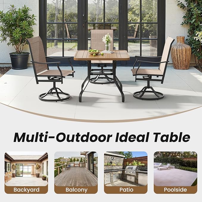Soohow Outdoor Patio Dining Table with 1.57" Umbrella Hole, 35"x35" Wood-Like Texture, All-Weather Metal Frame for Poolside, Deck, Porch