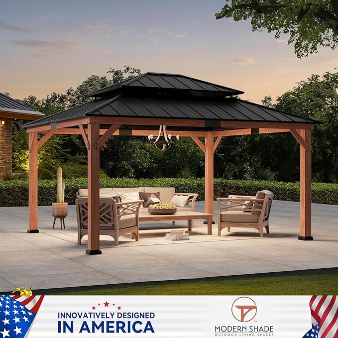 Modern Shade Rosewood Wood Gazebo 13' x 15', Hardtop Gazebo Permanent with Double Galvanized Steel Roof, Cedar Outdoor Gazebo with Sturdy Hooks for Garden, Backyard, Patio, and Deck