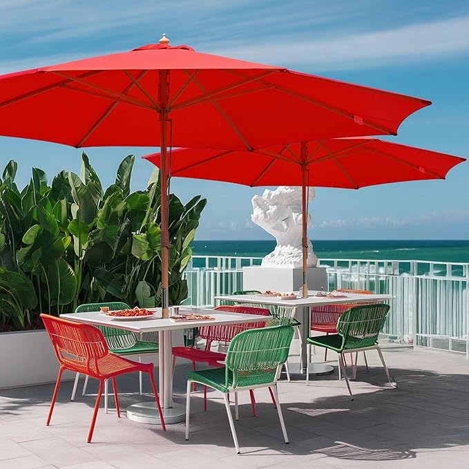 Yescom 13ft Coastal Solid Beech Wood Umbrella Pulley Lift Commercial Base with Wheel Included for Beach Club Seaside Restaurant Terrace Resort Poolside
