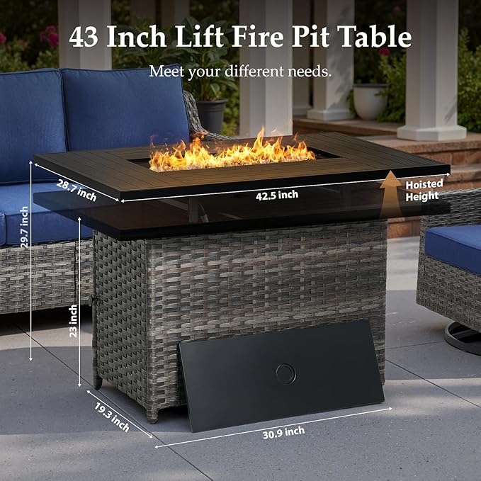 Patio Furniture Set with 42.5" Fire Pit Table-6 Pieces All Weather Wicker Outdoor Furniture with High Back Swivel Patio Chairs Set of 2 Outdoor Couch for Deck Backyard Blue/Gray