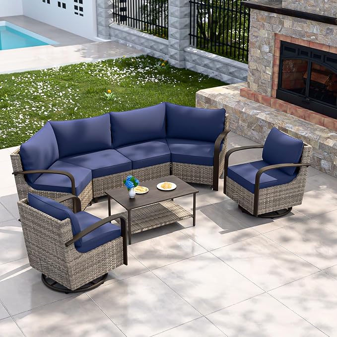 COOS BAY Aurora Terrace 6 Piece Outdoor Sectional Furniture Set, Half Moon Rattan Wicker Conversation Set with Swivel Chairs, 4 Seat Sofa & Coffee Table for Patio Garden Yard, Beige/Blue