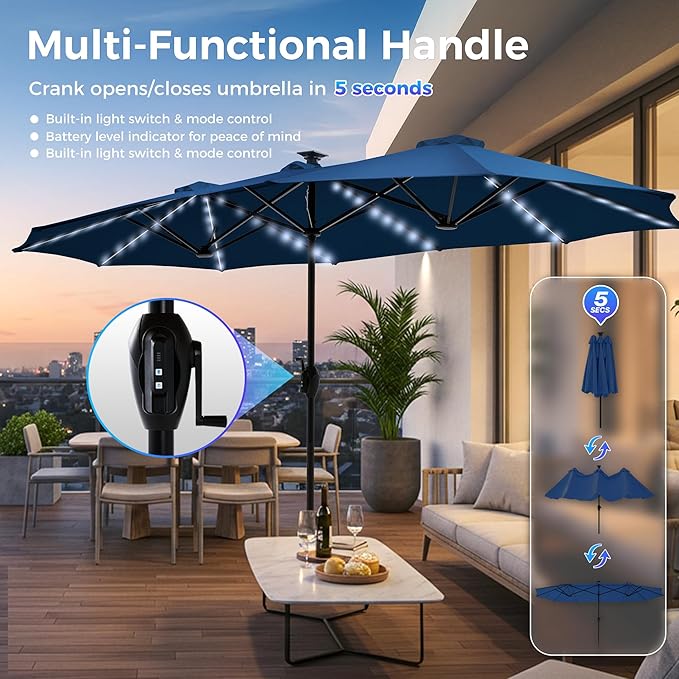 SUPERJARE 13ft Outdoor Patio Umbrella with Solar Lights, Double-sided Deck Pool Umbrella with 1.5 Inch Pole, Fade Resistant Canopy, 12 Sturdy Ribs, for Porch, Market, Backyard, Navy Blue(No Base)