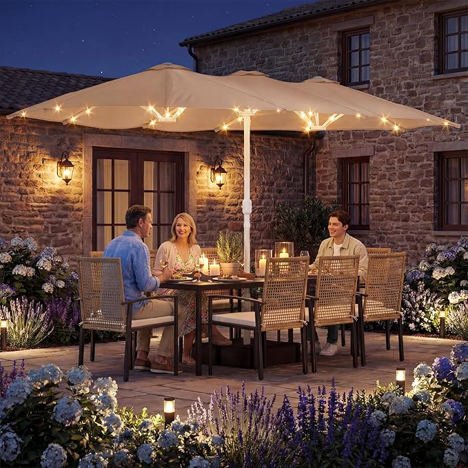 15ft Double-Sided Patio Umbrella with Solar Lights and Base Included, Large Patio Umbrella with 48 LED Dual-Color Lights, 135 Sq Ft Shade Area Patio Table Umbrella for Pool, Outddor, Deck (Champagne)