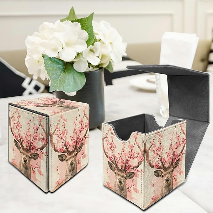 Peach Blossom Deer Card Deck Box for MTG, Personalized Card Storage Case Fits 120+ Sleeved Cards, Premium Leather TCG Box with Strong Magnetic Closure for Magic, CCG, PTCG, Baseball Cards