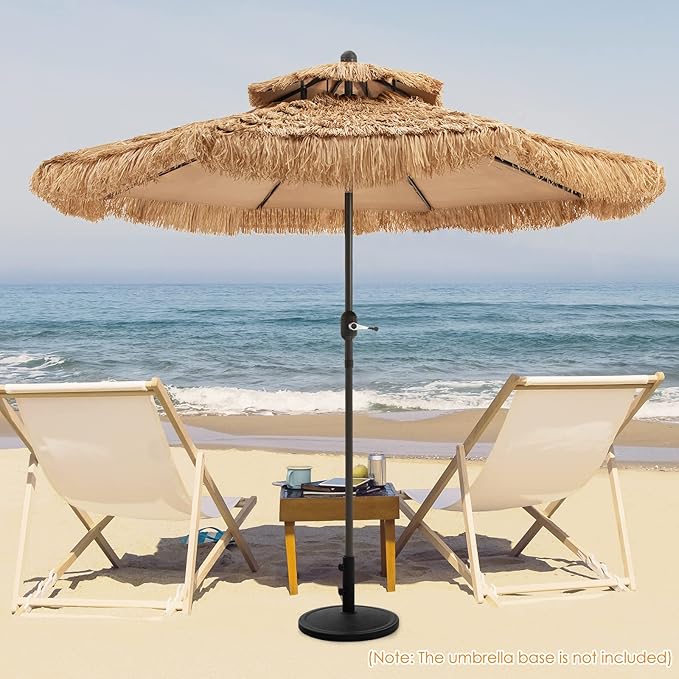 Tangkula 9 ft Thatched Patio Umbrella, 2 Tier Hawaiian Style PE Grass Beach Umbrella with 8 Ribs, Tilt Adjustment, Manual Crank, Tiki Umbrella for Backyard, Poolside, Deck