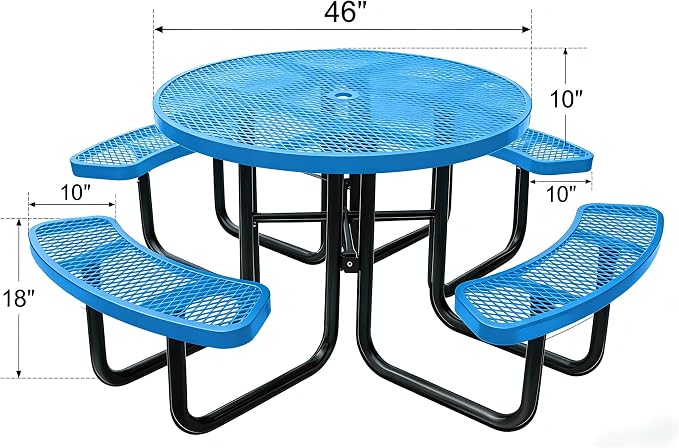 Garvee Heavy Duty Metal Picnic Tables for Outdoors with Umbrella Hole, 46" Round Top Patio Table Coated Steel Commercial Grade Furniture Set Weather & Rust Resistant (Expanded Steel, Blue)