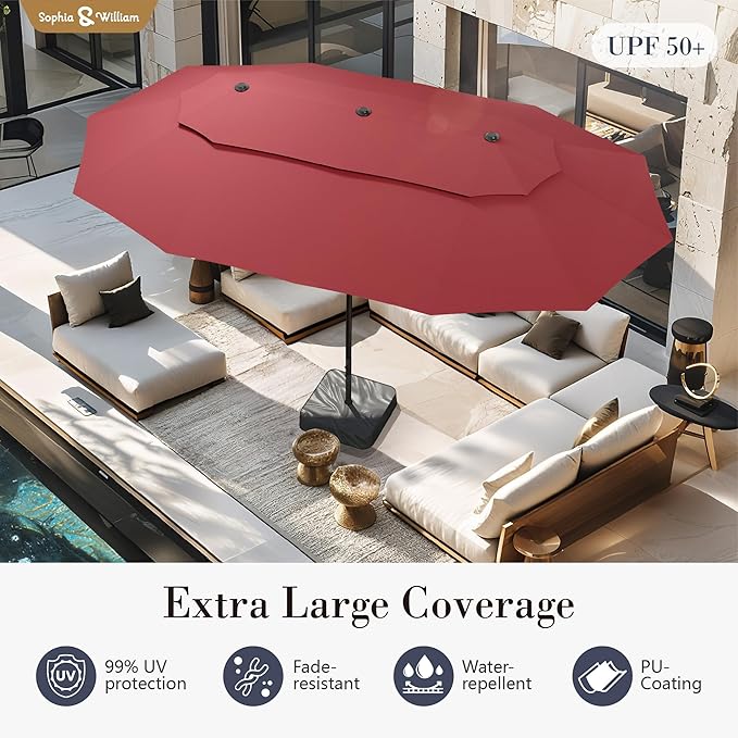 Sophia & William 15ft Extra Large Patio Umbrella with Base Included, 2-Tier Double-Sided Rectangle Outdoor Umbrella with Stand, Market Umbrella for Pool Garden Backyard, Red