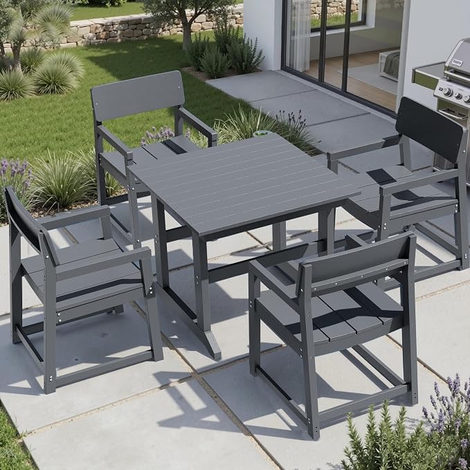 Shintenchi 5 Pieces Outdoor Dining Set,HDPE Outdoor Table and Chairs Set for 4,All Weather Patio Furniture Sets,Modern Wooden Textured Dining Sets for Backyard,Garden,Dark Grey