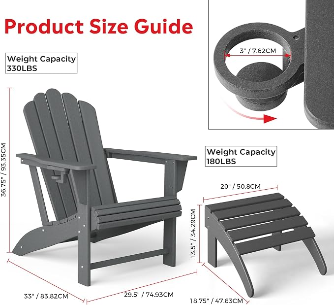 Costaelm Lakeview 2-Piece Outdoor Patio HDPE Adirondack Chair with Ottoman and Cup Holder Set, Gray
