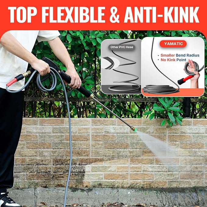 YAMATIC Pressure Washer Gun and Hose, 50 FT Flexible Hose with Stainless Steel Extension Power Washer Wand, 3/8" Swivel Quick Connect & M22-14mm Adapter Replacement for Ryobi Simpson Honda (Grey)