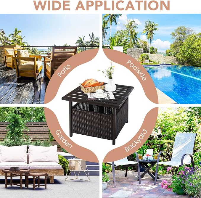 MAT EXPERT Umbrella Table with Hole, Outdoor Side Table w/ 1.57” Umbrella Hole, Steel Frame, Wicker Patio Umbrella Side Table Lawn/Garden/Poolside/Deck/Backyard, 22”x22”x18.5