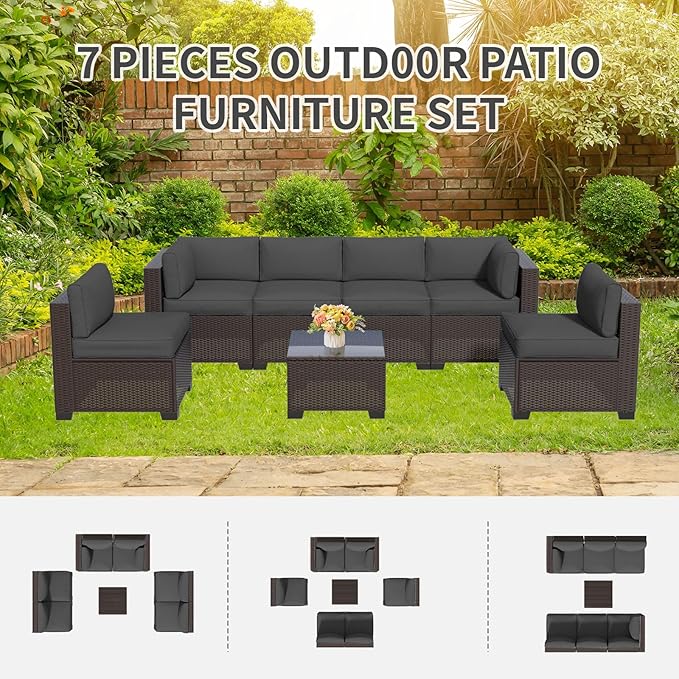 7 Piece Patio Furniture Set, Wicker Patio Conversation Sets, Outdoor Sectional Furniture with Tempered Glass Table, for Backyard, Deck, Garden, Dark Brown Rattan & Dark Gray Cushions
