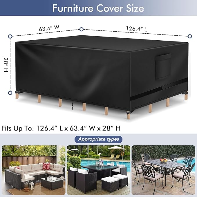 Richwon Patio Table Covers, Waterproof Rectangle, Heavy Duty for Sectional Set, 126.4"L x 63.4"W x 28"H, Black