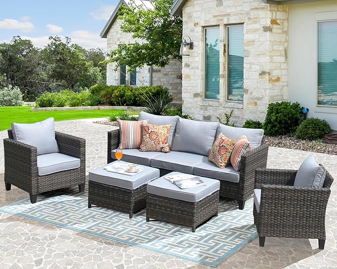 HOOOWOOO Patio Conversation Sets,5 Piece Wicker Outdoor Furniture Set with Ottoman,All Weather Resistant Modern Outside Out Door Rattan Couch Chairs Set,Light Gray