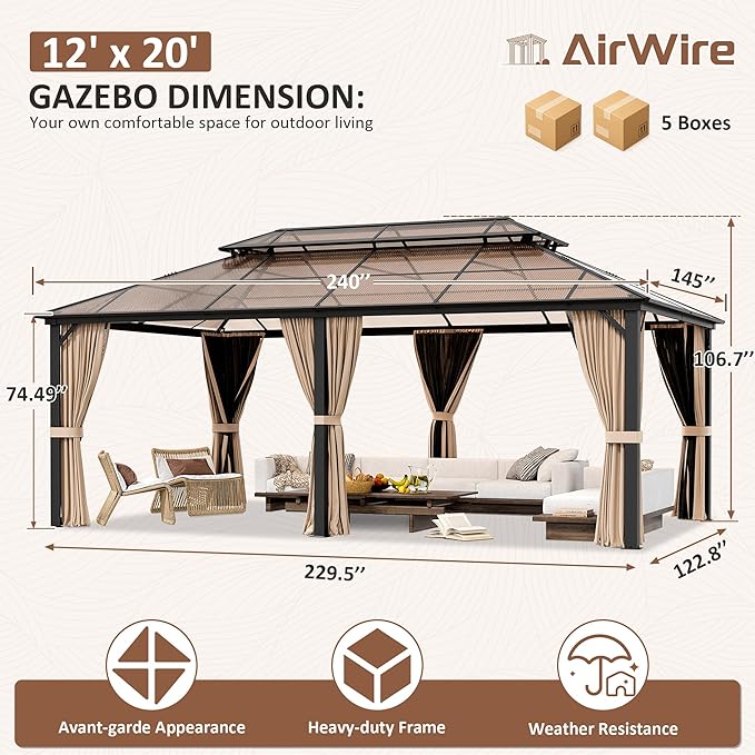 AirWire 12'x20' Hardtop Gazebo, Outdoor Polycarbonate Roof Canopy, Aluminum Frame Permanent Pavilion with Curtains and Netting, Sunshade for Garden, Patio, Lawns