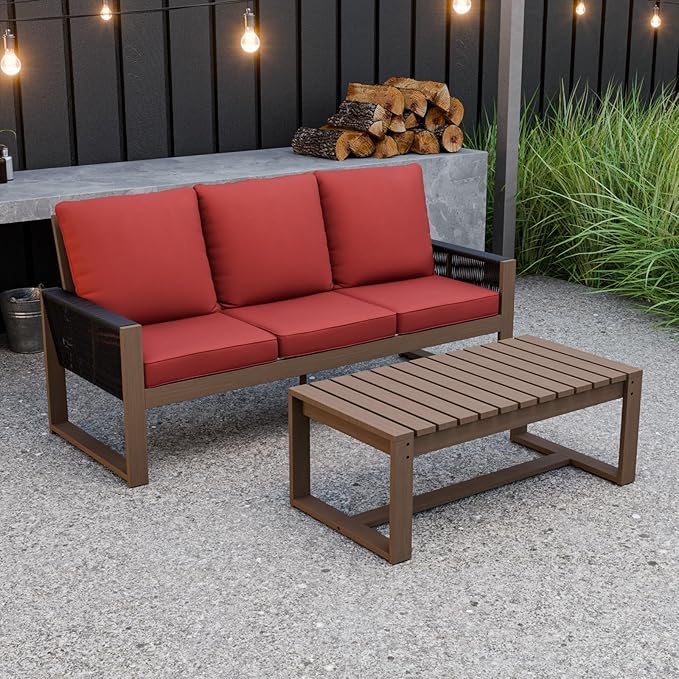 Rustic Hideaway Natural Cedar Wood Outdoor Furniture Set, Wicker Patio Conversation Set for Porch Garden Backyard, Couch and Coffee Table, 2 Piece, Brownish/Red