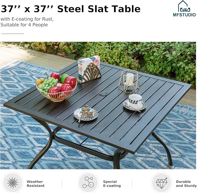 MFSTUDIO 5 Pieces Outdoor Rattan Dining Set, Patio Square Table and Wicker Chairs for 4, Outdoor Metal Table Set for 4 with Chairs, Wicker Patio Dining Furniture for Backyard, Porch