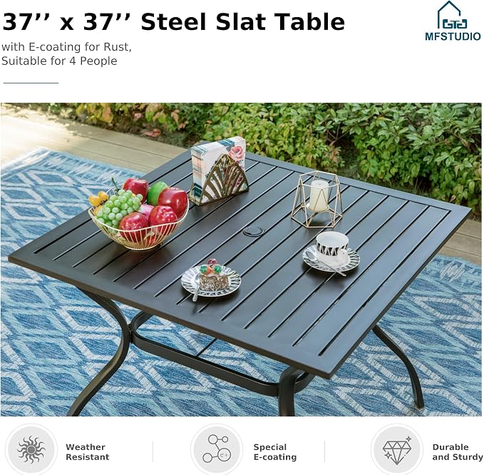 MFSTUDIO 5 Piece Outdoor Dining Sets, Patio Table and Chairs for 4, Outdoor 37’‘ Square Metal Table with Chairs, Wicker Patio Dining Furniture Set, Deck