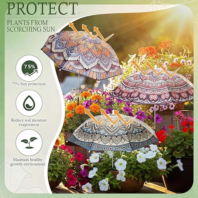 Hillban 6 Pack Plant Shade Umbrellas for Outdoor Plants 23.6" Large Garden Umbrella Shade for Potted Flower with Adjustable 40" H Sunshade Cover for Patio Garden Bed Flowers(Mandala)