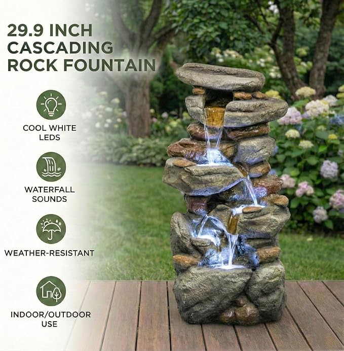 Outdoor Water Fountain Large 30'' - Resin Waterfall Fountain with LED Light, 5-Tiers Cascading Rock Outdoor Water Fountain for Patio, Yard, Garden, Backyard, Decking with Natural Stone Look