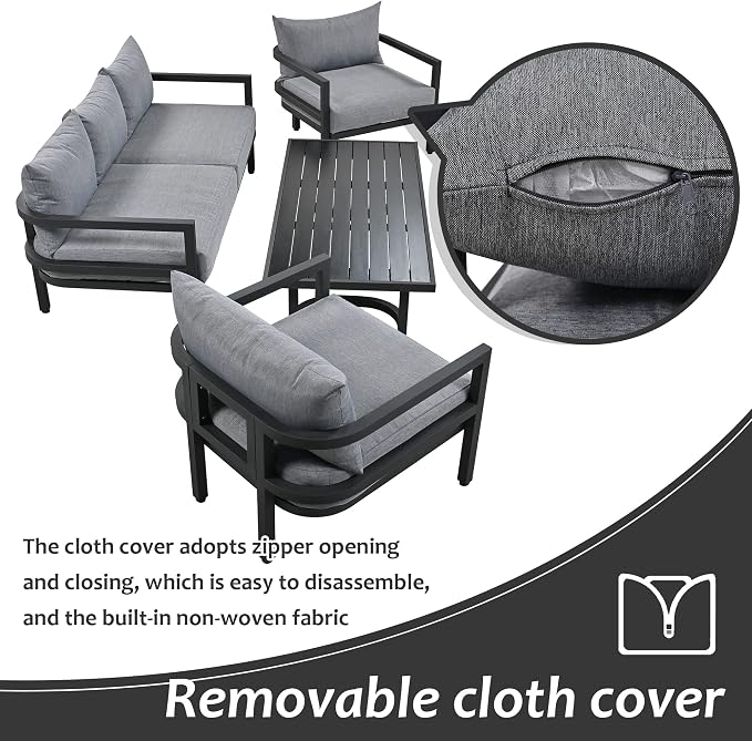 4-Piece Outdoor Steel Sofa Set, All Weather Patio Conversation Set with 1 Love Sofa, 2 Single Sofa and Coffee Table, Waterproof Cushions, Suitable for Backyard Poolside Gardens (Light Grey-Z)