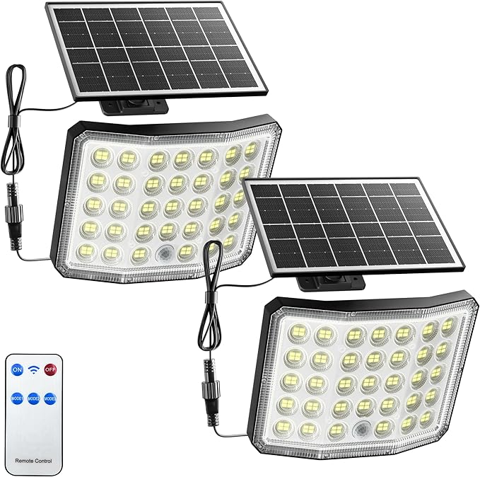 Solar Lights Outdoor Bright Solar Dusk to Dawn Light with 3000mAh Battery, IP65 Waterproof Remote Control Outdoor Light, 3 Working Modes for Garage, Porch, Patio, Shed, 2-Pack