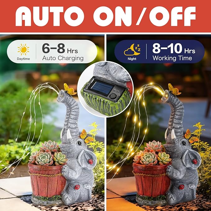 HUYIENO Solar Elephant Statue Garden Light Cute Resin Outdoor Decor with Watering Can Fairy Lights Waterproof Yard Patio Lawn Decoration Unique Gift for Elephant Lovers