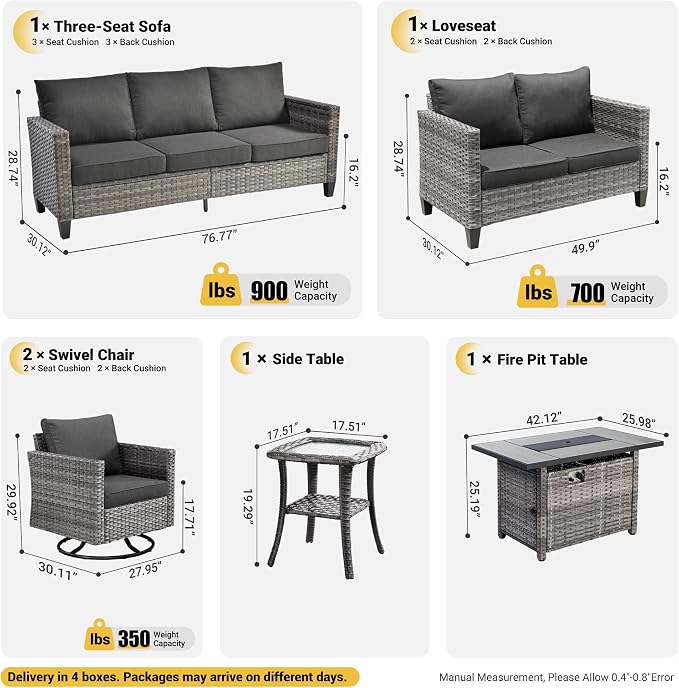 ovios 6 Pieces Patio Furniture Set with Rectangular Fire Pit Table, Swivel Rocking Chairs, Loveseat, Outdoor High Back Wicker Rattan Conversation Set for Deck Porch, Black