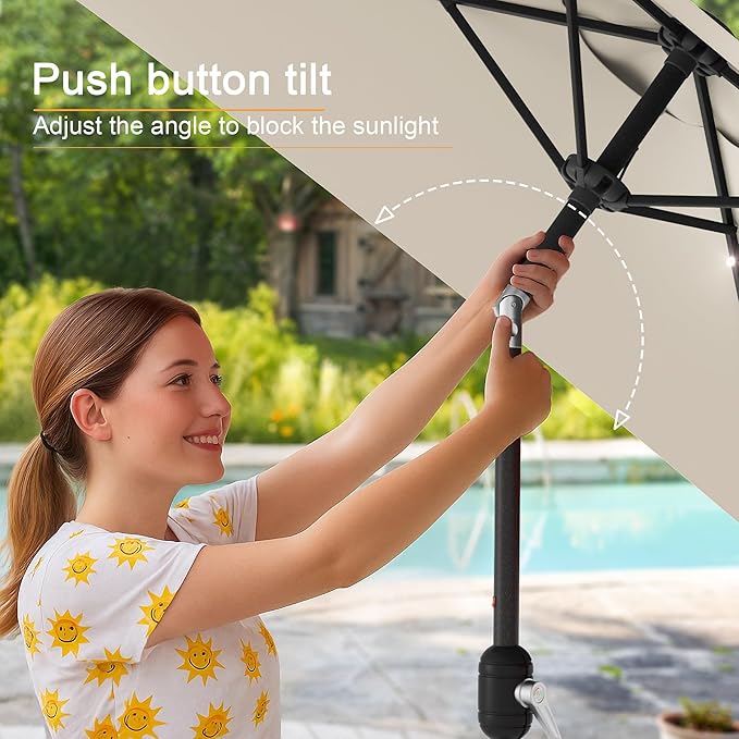 Square Patio Umbrella With Solar Lights, 6.5x6.5ft Square Umbrella Outdoor Patio with Tilt and Crank for Pool, Deck, Garden,Backyard