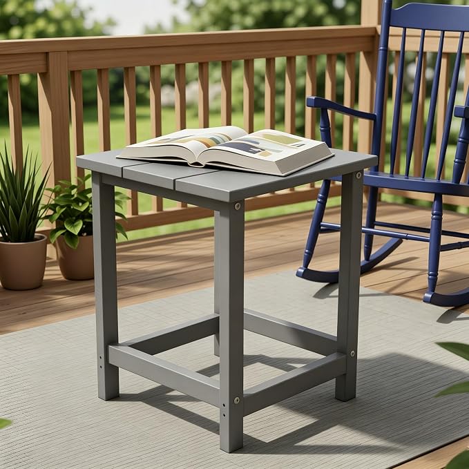 AMILY HDPE Outdoor Square Side Table, All Weather Patio End Table for Adirondack Chair, Heavy Duty Garden Poolside Balcony Table, Easy Assembly (Grey)