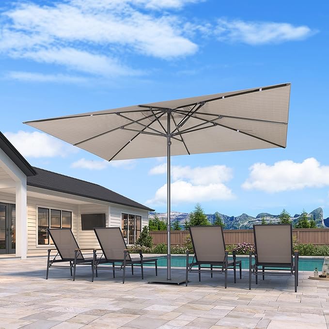 PURPLE LEAF 9 X 12 FT Semi-Auto Outdoor Patio Umbrella Market Table Sun Umbrellas with 8 Aluminum Sturdy Ribs for Backyard Deck Garden Pool (Gray Pole Beige Canopy)