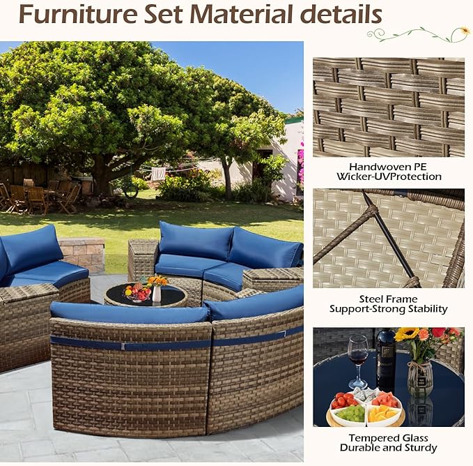 ECOTOUGE Outdoor Patio Furniture, 11-Piece Half-Moon Sectional Patio Furniture Set Curved Sofa with Tempered Glass Round Coffee Table, Fit for Pool Backyard Balcony Porch Lawn(Blue)