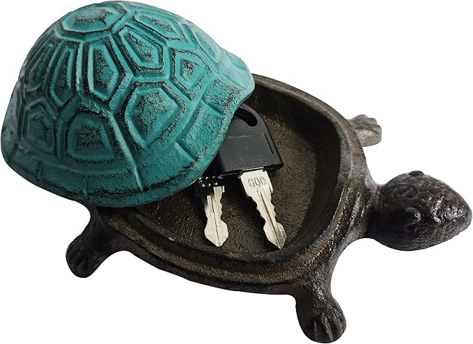 BSTGIFTS Cast Iron Turtle Key Hider - Spare Key Holder & Garden Decoration - Trinkets Box for Jewelry, Ear Studs, Ring & Paper Clips (Antique Blue)