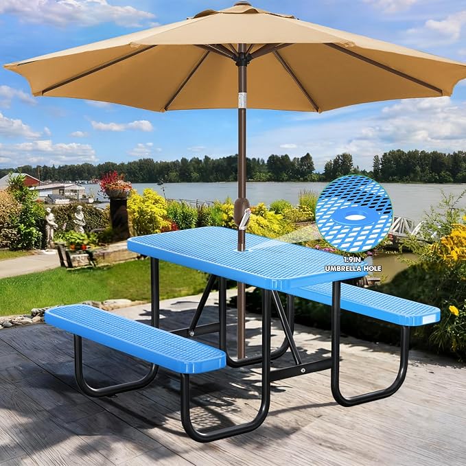 Ceridwen Heavy Duty Picnic Table with 2 Benches, Expanded Metal Steel Mesh Outdoor Patio Dining Table Bench Set with Umbrella Hole,Outdoor Patio Dining Table for Garden (Rectangular, Blue, 4FT)
