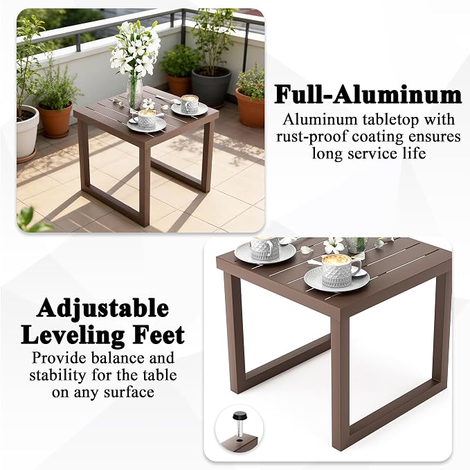 20" Aluminum Outdoor Side Table with Tapered Legs, Square Patio End Table with Geometric Slatted Top, All-Weather Coffee Table for Garden, Deck and Porch, Brown