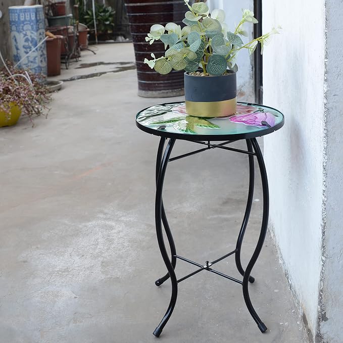 Hummingbird Patio Side Table, Small Patio Outdoor Side Table, Plant Table,Metal Glass End Table for Porch Garden Yard Pool.