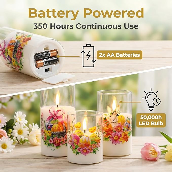 Eywamage Spring LED Candles with Remote, Flickering Glass Flameless Pillar Candles Battery Candles Easter Home Table Decor Set of 3