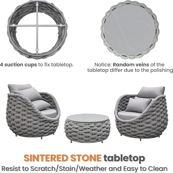 Front Porch Furniture Set: 3 Pieces Aluminum Patio Conversation Set - Assembled Outdoor Sofa Set - Woven Rope Armchair Couch Set - Modern Cushions Set for 400lbs Deck Balcony Bistro Hotel, Gray