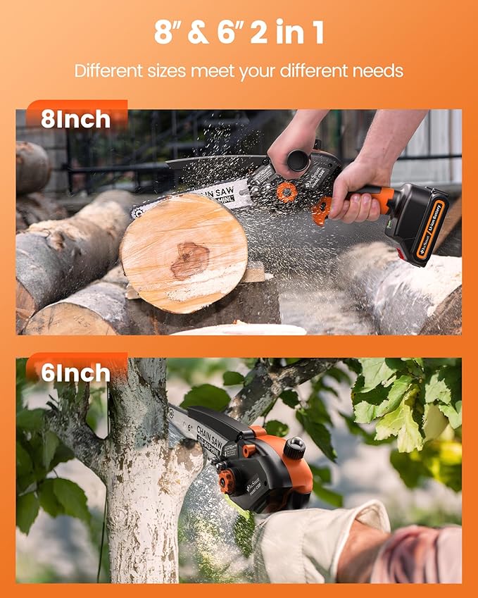 Electric Mini Chainsaw with1000W Brushless Motor, 8 inch & 6 inch 2 Rechargeable Batteries Handheld Small Chain Saw for Wood Cutting, Gardening Gifts for Father Dad Men