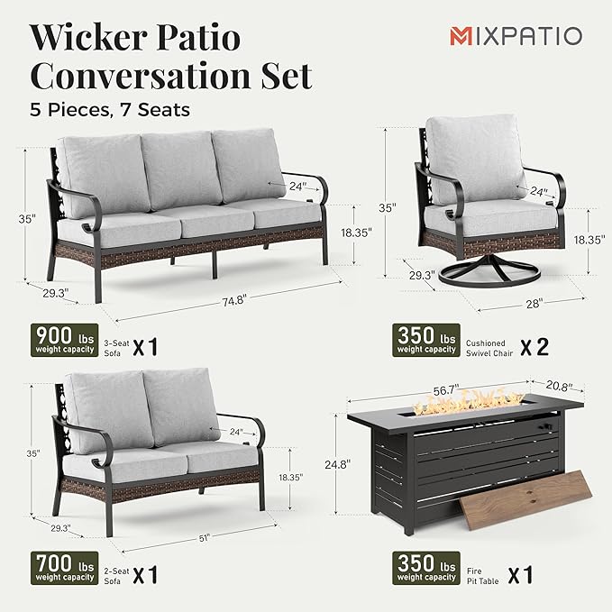 Patio Furniture Set with Fire Pit Table, Metal Outdoor Conversation Set with 5.75'' Extra Thick Cushion, 2 Swivel Chairs, Loveseat Sofa, 3-Seat Sofa and Gas Fire Pit Table, Light Grey