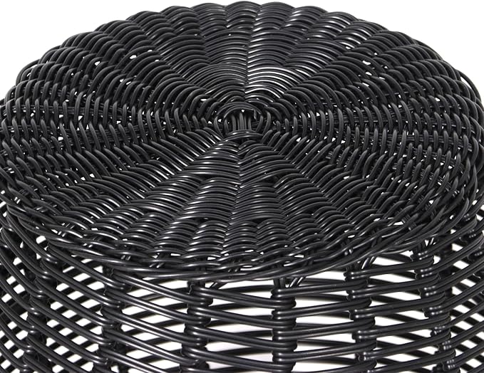 ABBLE Patio Resin Wicker Side Table Barrel End Table Metal Frame Storage Basket Indoor Outdoor Use, Black