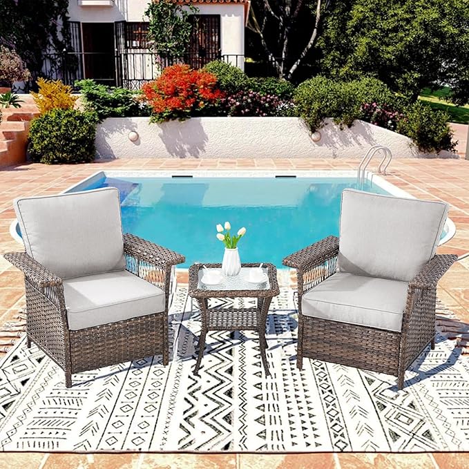 Outdoor Patio Chairs Wicker Chair - 3 Piece Rattan Patio Bistro Chairs Set with Sturdy Frame,All-Weather PE Wicker and Comfortable Cushions,1 Side Table for Outside Porch Deck Balcony(Brown/Beige)