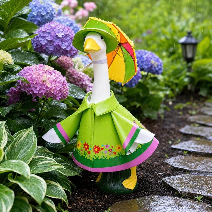 DECOHS 3 Pcs/Set Raincoat Porch Goose Outfits, Summer Lawn Goose Statue Costume with Rainbow Umbrella and Hat, Yard Geese Clothes for 23" Statue Patio Garden Decoration (Fresh Green)
