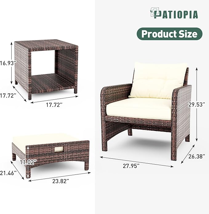 5 Piece Patio Furniture Set, All-Weather Patio Furniture with Soft Cushions, PE Wicker Patio Sofa Set with Coffee Table and Ottoman, for Outdoor, Porch, and Balcony (Beige-Brown)